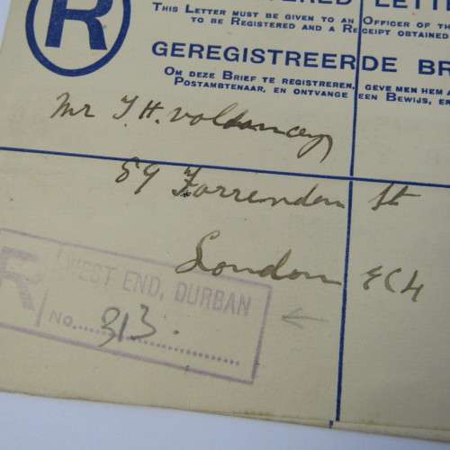 Registered letter from Durban South Africa to London England 28 January 1924