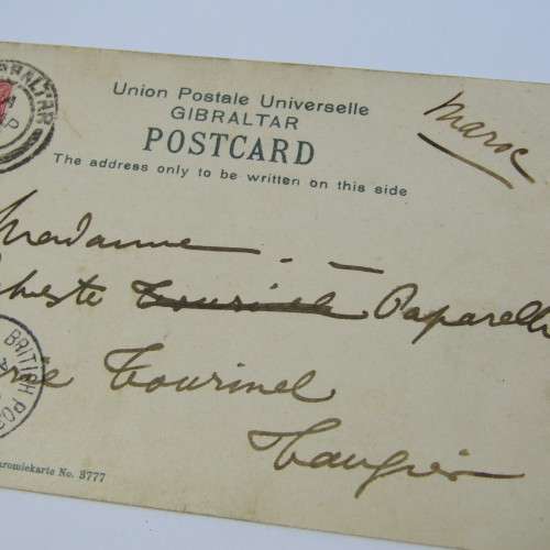 Gibraltar penny on postcard with British Post office Tangier cancellation