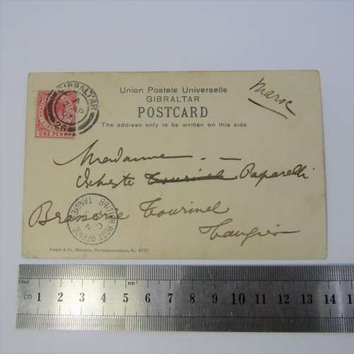 Gibraltar penny on postcard with British Post office Tangier cancellation