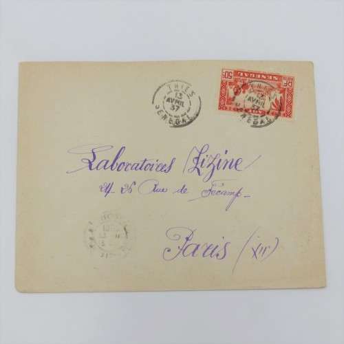 1937 Postal cover from Thies, Senegal to Paris with 50 c Senegal stamo cancelled 13 April 1937