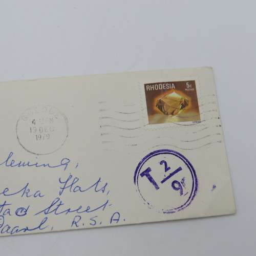 1979 Postal Cover Que Que Rhodesia to Paarl, South Africa with 2 x Tax Marks black and Purple