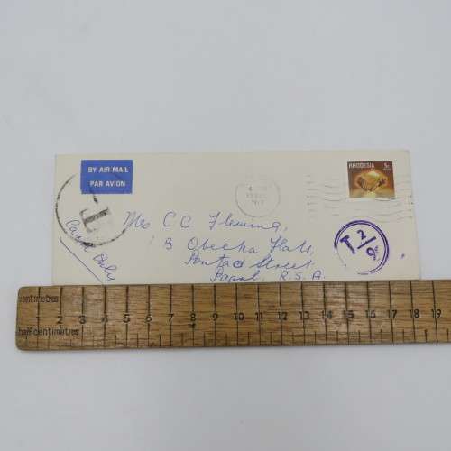 1979 Postal Cover Que Que Rhodesia to Paarl, South Africa with 2 x Tax Marks black and Purple