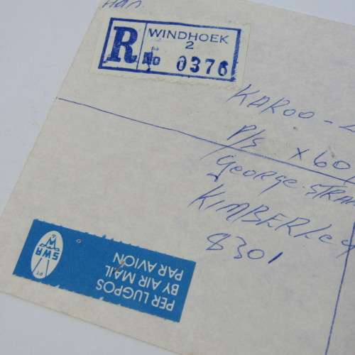 Registered mail cover from Windhoek SWA to Kimberley South Africa 2 May 1986