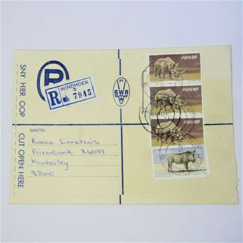 Registered mail cover from Windhoek SWA to Kimberley South Africa 4 July 1988 with four SWA stamps