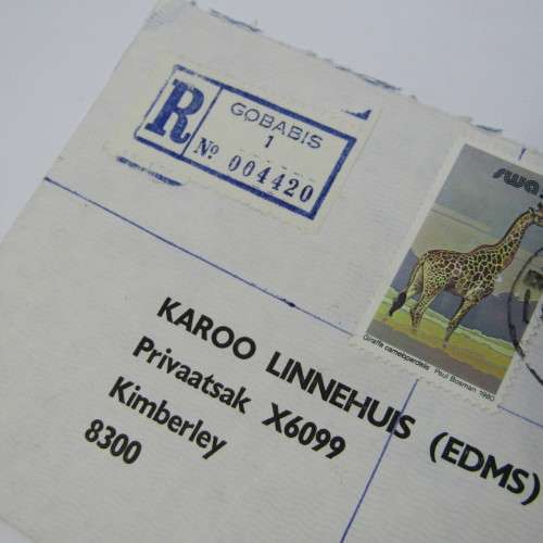 Registered cover from Gobabis SWA to Kimberley South Africa 1988 with four SWA stamps