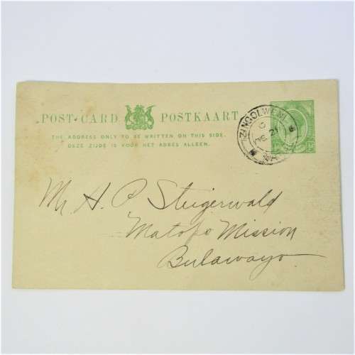 Postcard from Izingolweni South Africa to Bulawayo Rhodesia 21 October 1917