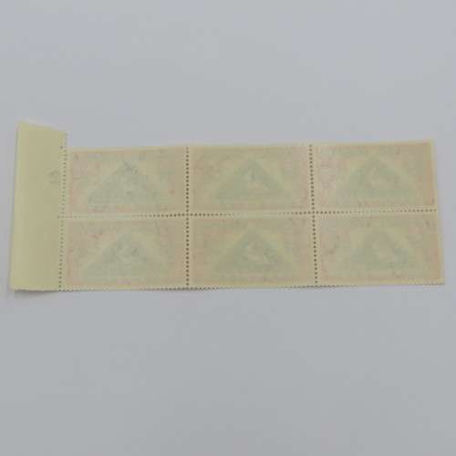 SACC 143 Centenary of the Cape Triangular - Block of 6 x 1d stamps - Top right stamp with large dot