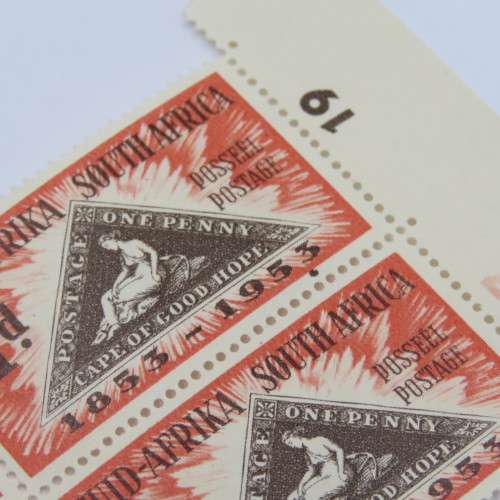 SACC 143 Centenary of the Cape Triangular - Block of 6 x 1d stamps - Top right stamp with large dot