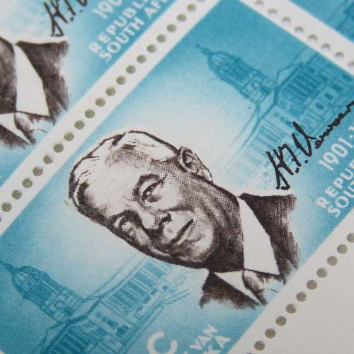 SACC 258 with line through Verwoerd`s face bottom left stamp of block of 4