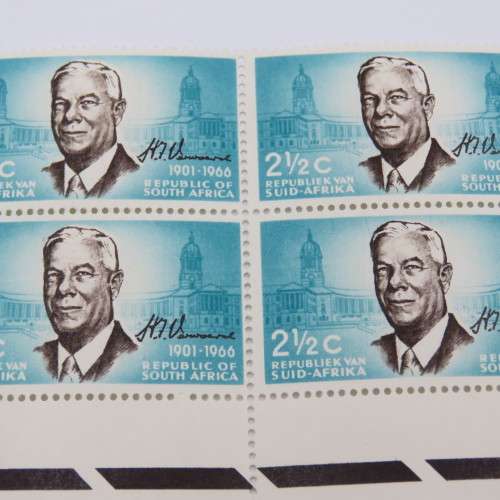 SACC 258 with line through Verwoerd`s face bottom left stamp of block of 4