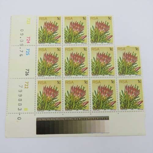 SACC 418 Protea block of 11 stamps right hand top stamp with yellow printing in frame