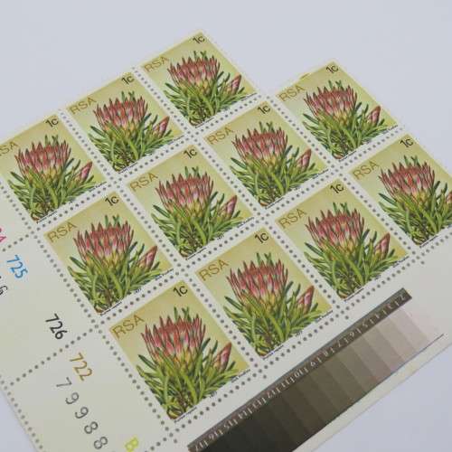 SACC 418 Protea block of 11 stamps right hand top stamp with yellow printing in frame