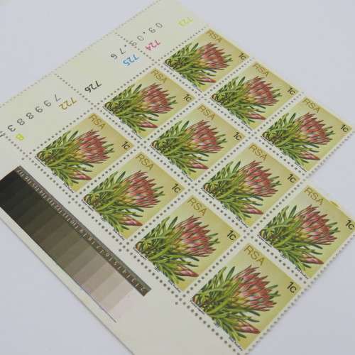 SACC 418 Protea block of 11 stamps right hand top stamp with yellow printing in frame