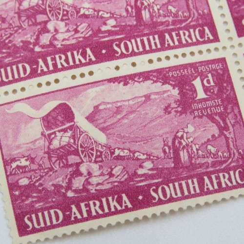 SACC 130 block of 4 x 1d stamps - Top left stamp with large white mark on back of last ox