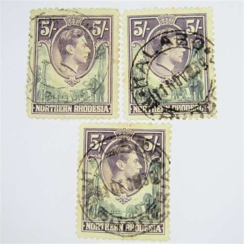 Lot of 3 Northern Rhodesia 1938 Definitive issue SACC 43 used 5 shilling stamps