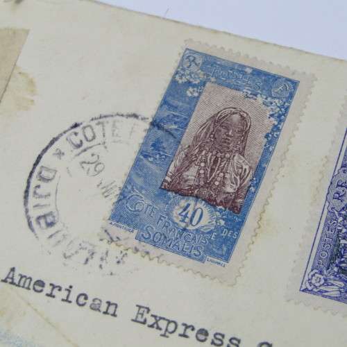 Registered cover from Djibouti to London England with three stamps and three Djibouti cancellations