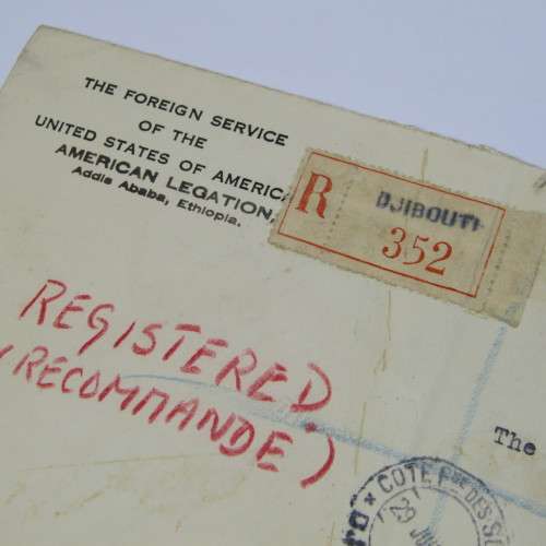 Registered cover from Djibouti to London England with three stamps and three Djibouti cancellations