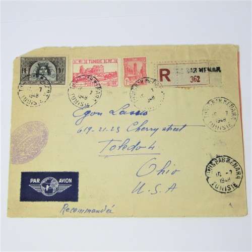 Airmail Tunisia registered cover to USA 1948
