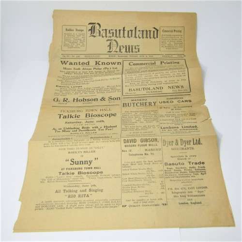 Basutoland News paper Tuesday 6 June 1933 - very scarce