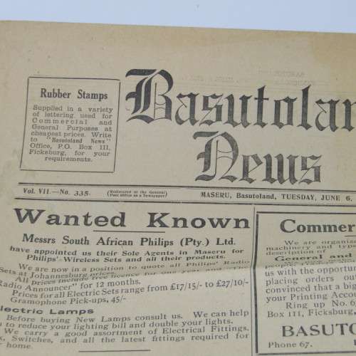 Basutoland News paper Tuesday 6 June 1933 - very scarce