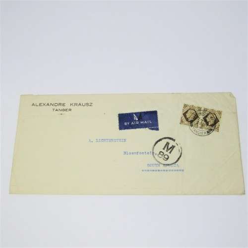 Airmail cover from Tangier Morocco to Bloemfontein South Africa with two stamps