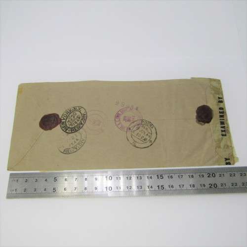 Airmail Registered Indian Cover to New York with lots of cancellations and examined label