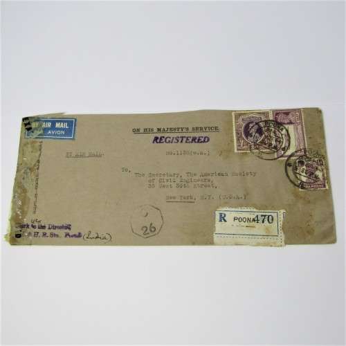 Airmail Registered Indian Cover to New York with lots of cancellations and examined label