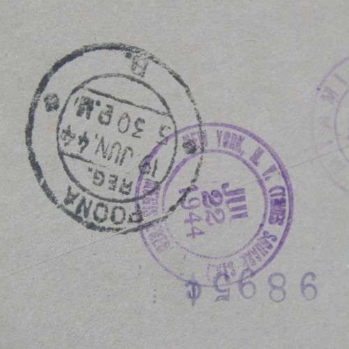 Airmail Registered Indian Cover to New York with lots of cancellations and examined label