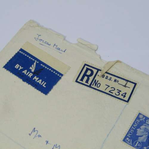 Registered Airmail cover from field post office to Birmingham England with 7 British stamps