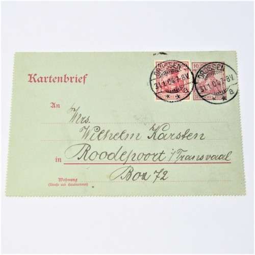 Uprated letter card from Drossen Poland to Roodepoort Transvaal with a German stamp