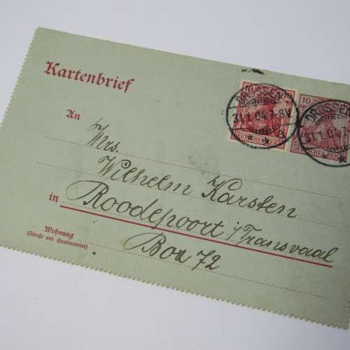 Uprated letter card from Drossen Poland to Roodepoort Transvaal with a German stamp