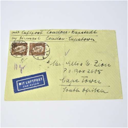 Berlin, Germany to Cape Town, South Africa by airmail, with two German stamps