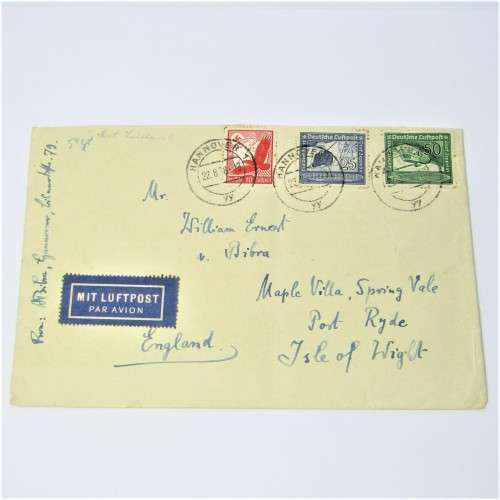 Hannover, Germany airmail cover to England with three German stamps 22 Aug 1938