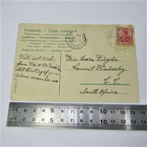 Deutsche Sea post to Kimberly, South Africa with a Deutsche stamp - 28 Oct 1908