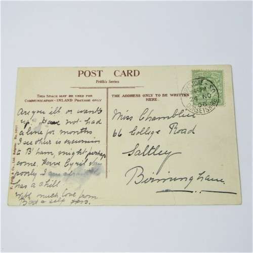 Postcard from Parkstone Poole England to Birmingham England with a half penny stamp