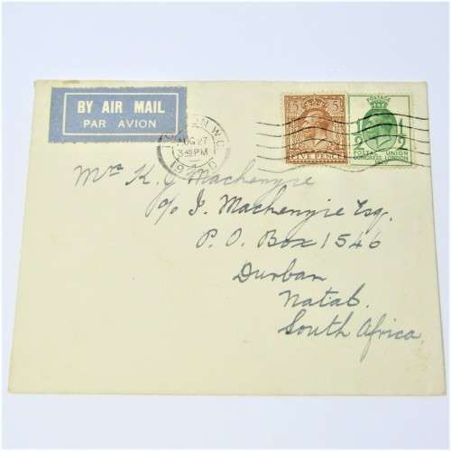 London airmail cover to Natal, South Africa with two London stamps and a London 27 Aug 1929
