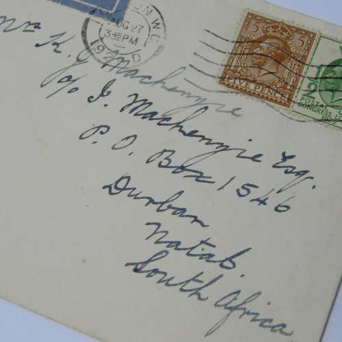 London airmail cover to Natal, South Africa with two London stamps and a London 27 Aug 1929