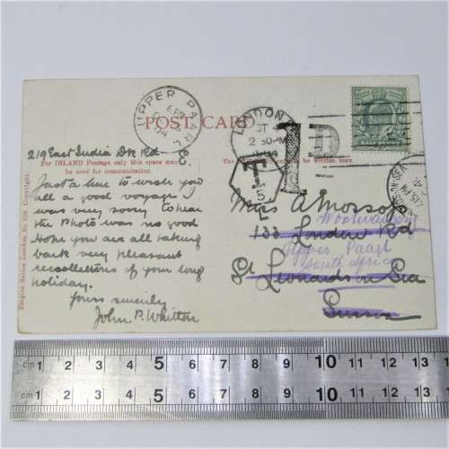 London Postcard to Upper Paarl, South Africa with a 1 Penny and a 5 Pence Tax stamp