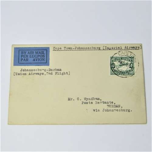 2nd Flight cover from Cape Town to Johannesburg with a South African stamp and a Cape Town