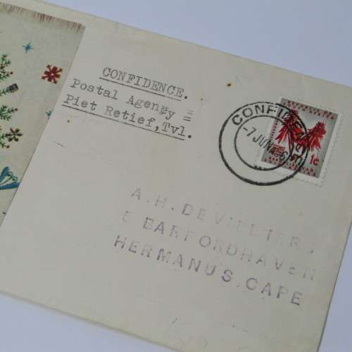Postal cover from Confidence South Africa to Hermanus South Africa 7 June 1966 with RSA stamp