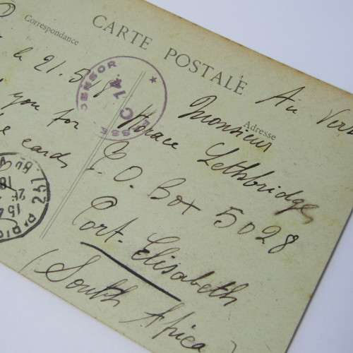 Paris censor cover to Port Elizabeth ( South Africa ) with a French stamp and an unclear Paris cance