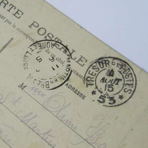 French Military postcard WW1, back stamped with a Resort Postes 4 Aug 1915 cancellation