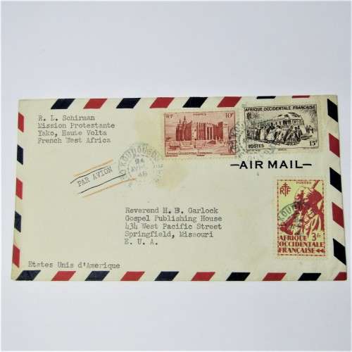 French Africa airmail cover to Missouri with three French African stamps