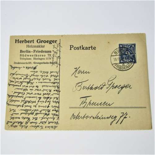 Berlin Inflation issue card with a German stamp and a Berlin 18 Nov 1922 cancellation