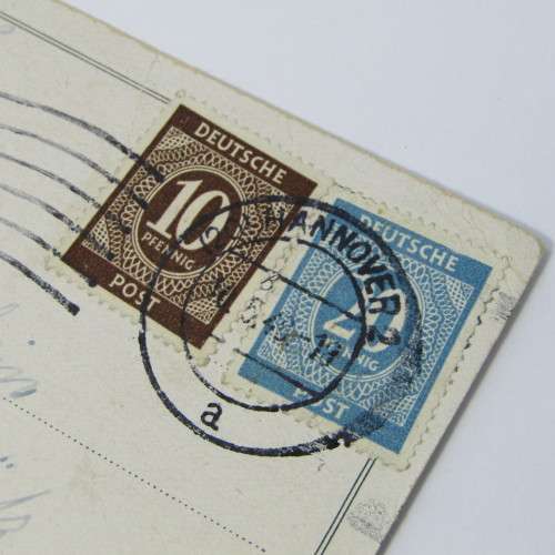 Hannover ( Germany ) internal postcard with two German stamps and a Hannover 10 May 1948 cancellatio