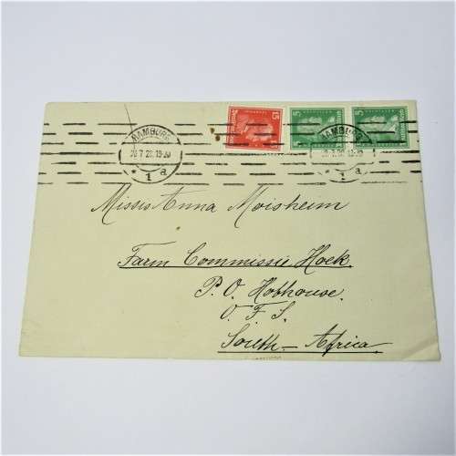 Hamburg to South Africa with three German stamps and two Hamburg 20 July 1928 cancellations