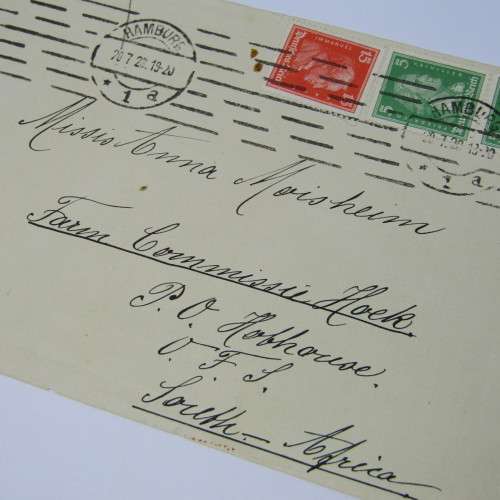 Hamburg to South Africa with three German stamps and two Hamburg 20 July 1928 cancellations