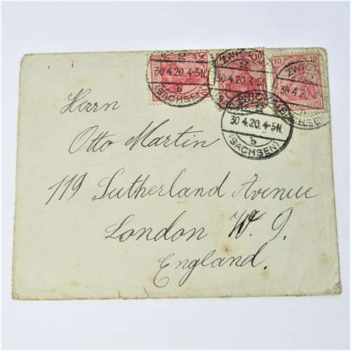 Zwickau Germany to England with three German stamps and four Zwickau 30 April 1920 cancellations