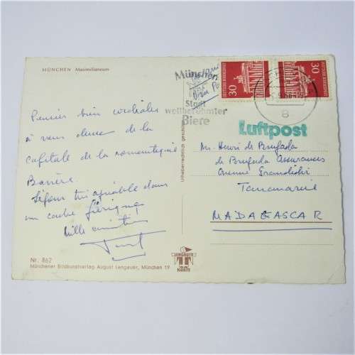 Germany to Madagascar with two German stamps a Munchen unclear 1966 cancellation