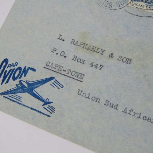 French Airmail cover to Cape Town with two Paris 10 Sep 1947 cancellations